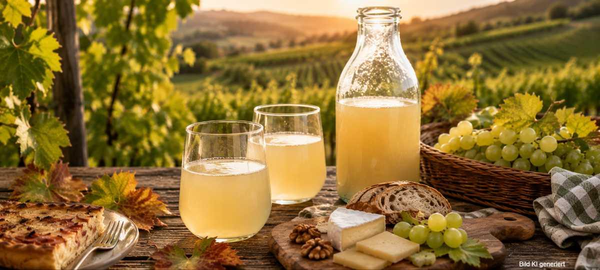 Federweißer Neuer Wein Bitzer A rustic outdoor table with glasses of juice, sliced bread, cheese, nuts, and grapes; background of vineyards at sunset.