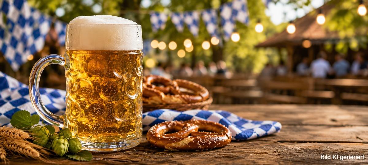 A frothy mug of beer and pretzels on a wooden table with Bavarian flags and blurred outdoor festival setting in the background.
