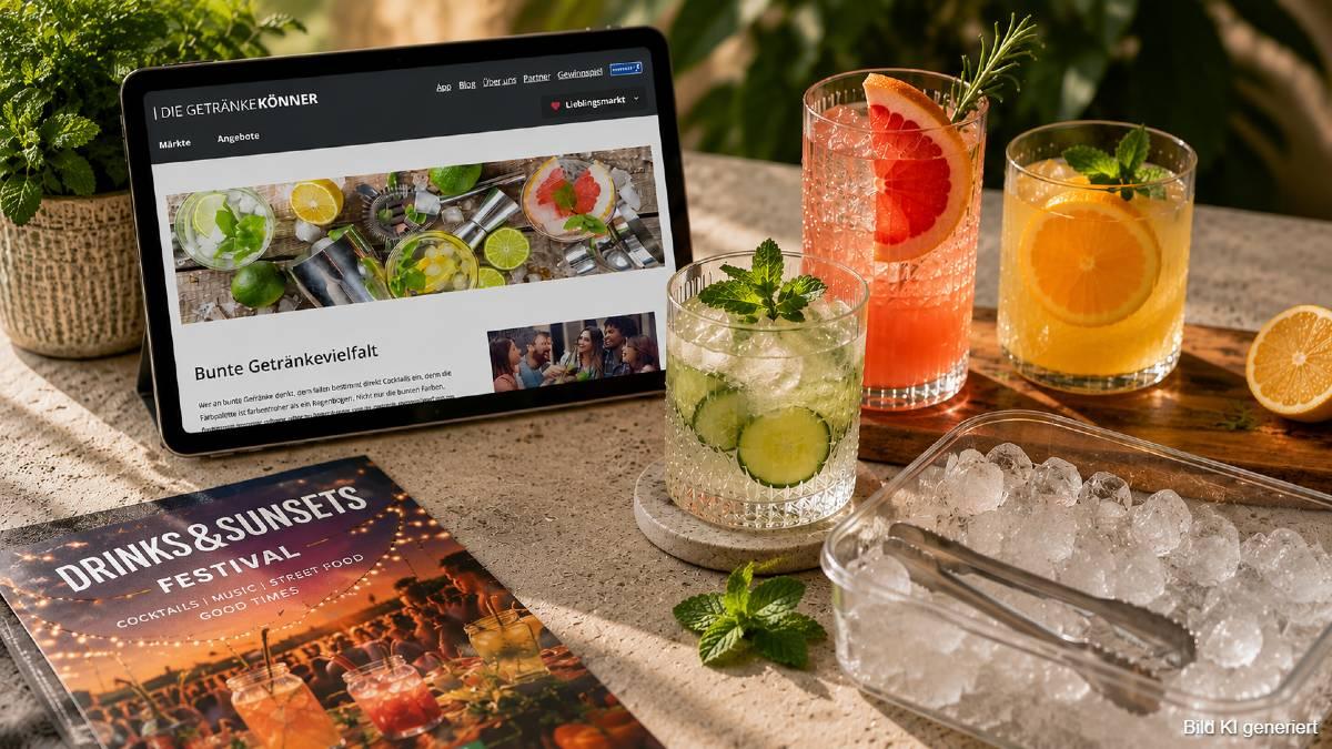 Getränketrends & Tipps. A tablet displaying cocktail recipes, three colorful drinks with fruit and herbs, a tray of ice, and a festival booklet on a sunlit table.