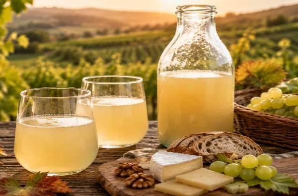 Federweißer Neuer Wein Bitzer A rustic outdoor setting with two glasses and a bottle of white grape juice, bread, cheese, nuts, and grapes on a wooden table, overlooking vineyards.